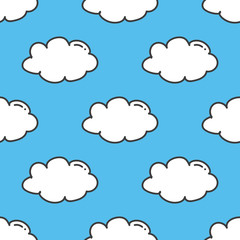 Cute doodle, hand drawn white clouds on blue sky seamless pattern background.