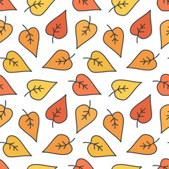 Cute doodle, hand drawn colorful autumn leaves seamless pattern background.