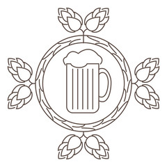 Logo or stamp Oktoberfest with the image of hops, malt and beer mugs. Vector illustration.