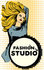Design vector template with woman long hair for a fashion studio