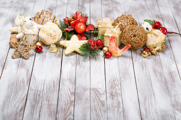 Christmas decoration on wooden background. Winter holidays concept. New Year of rooster.