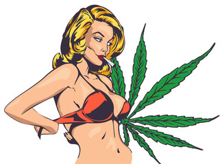 Design vector template with sexy lady undressing and cannabis leafs - 119147349