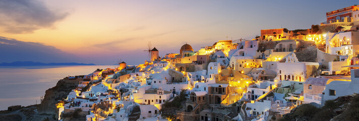 Panoramic view of Oia at sunset