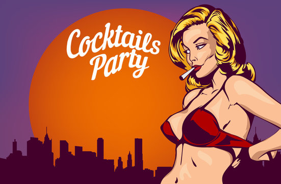 Woman comics style on the urban cityscape sunset. Vector image.