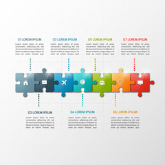 Vector 7 steps puzzle style timeline infographic template. Business concept.