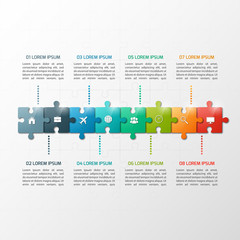 Vector 8 steps puzzle style timeline infographic template. Business concept.