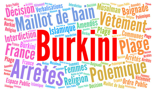 Burkini word cloud illustration with french text