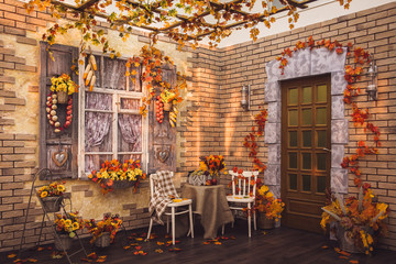 Patio. Shutters of the window and brick walls decorated with autumn garlic, pepper, corns and yellow leaves. There are two chairs, table with fruits in frame.