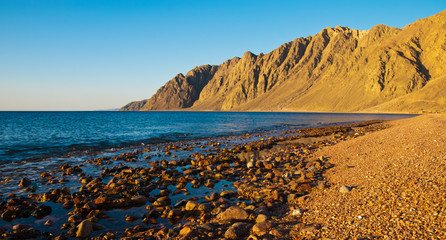 Egypt, Dahab, Mounts on sunset, sunrise and beach with stones, pebble, sea.