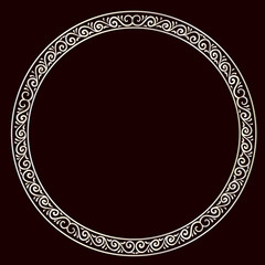 drawing of a round silver gradient frame  with floral ornament on a black background
