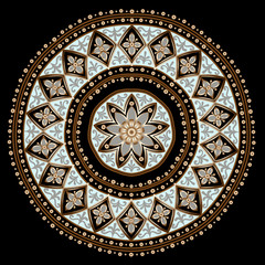 Drawing of a floral mandala in gold, gray and light turquoise colors on a black background
