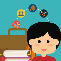 boy suitcase books ruler apple colors building paint scissors back to shool education icon set. Colorful and flat design. Vector illustration