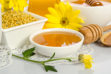 The bowl of honey,  bowl with  pollen  and yellow flower isolate