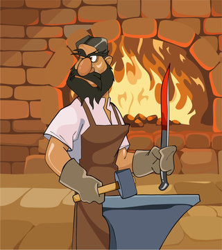cartoon male blacksmith forges a sword and menacingly looks back