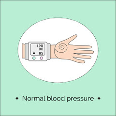 Vector illustration with hand and tonometer. Screen of automatic sphygmomanometer with indicators of normal blood pressure and heart rate.