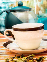 Green Tea Cup Means Refreshed Beverage And Teacup