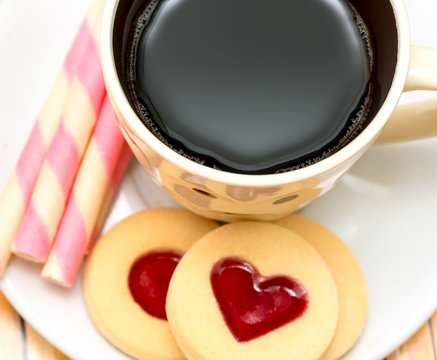 Heart And Coffee Means Valentines Bickies And Biscuits