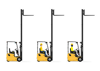 Three wheel electric counterbalance forklift on a white background. Set with the driver and without. Flat vector