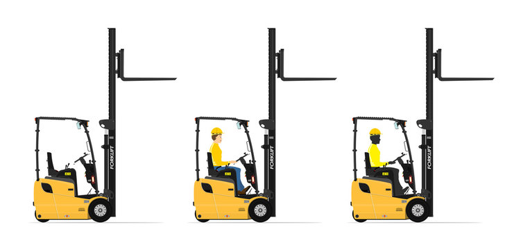 Three wheel electric counterbalance forklift on a white background. Set with the driver and without. Flat vector