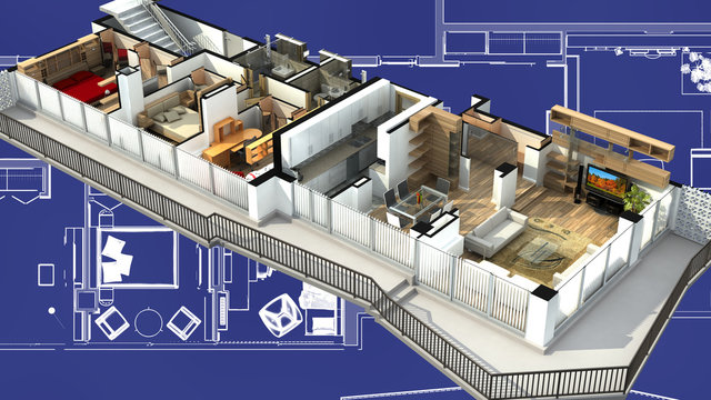 3D illustration of a furnished residential apartment, on a generic blueprint, showing the living room, dining room, foyer, bedrooms, bathrooms, closets, and balcony.