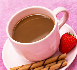 Mug of freshly brewed coffee and some chocolate cookie sticks