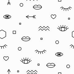 Seamless pattern with eyes and lips and geometric elements. The template for the cover fabric, books. Memphis style - 119157920