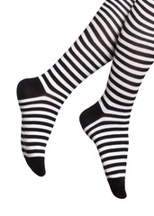 Feet in black-and-white striped socks isolated on white background