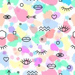 Seamless pattern with eyes and lips and geometric elements. The template for the cover fabric, books. Memphis style - 119158140