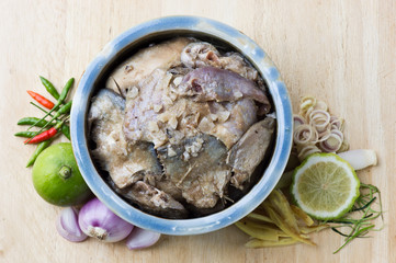 traditional Thai style raw preserved fish(thai accent is Pla-ra) with prepare herb and spice ingredient