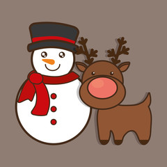 snowman reindeer deer cartoon merry christmas decoration celebration con. Colorful and flat design. Vector illustration