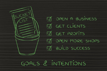 bucket list with entrepreneur's business success goals, ticked o