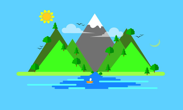 Nature landscape. river and trees on background. Flat style vect