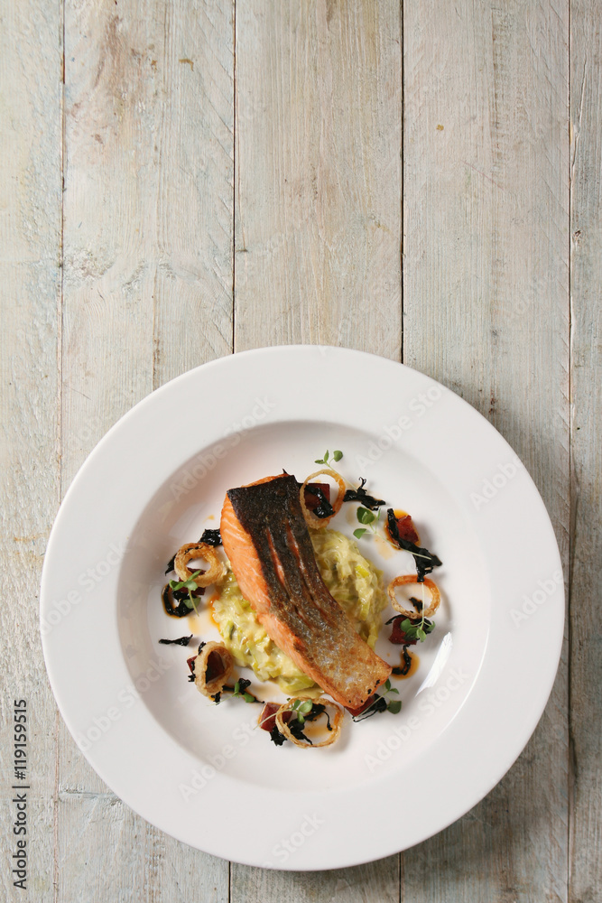 Poster healthy plated salmon fish meal