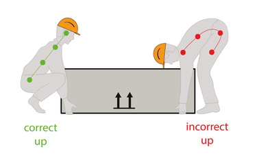 Correct posture to lift a heavy object safely. Health care vector illustration.