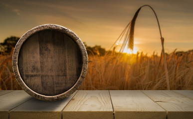 Background of Barrel and Worn Old Table of Wood