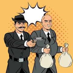 Poster Pop Art Detective police thief man bubble money bag gun revolver pop art comic cartoon icon. Colorful design. Vector illustration