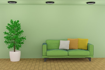 3D rendering of a green living room and a sofa
