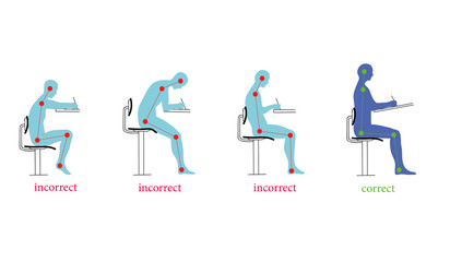 correct and incorrect posture when writing. vector illustration - obrazy, fototapety, plakaty