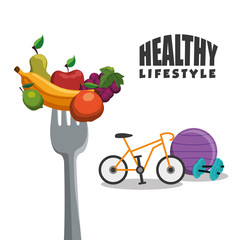 bike weight ball fruits fork healthy lifestyle fitness gym bodybuilding icon set. Colorful and flat design. Vector illustration