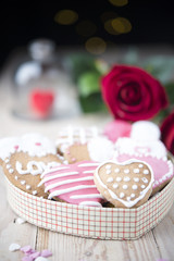 Festive cookies with hearts and roses for Valentine's Day.
