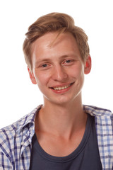 Young happy looking up man close up portrait.