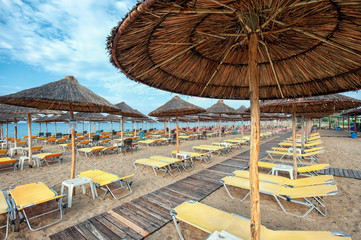 Umbrellas and chairs on the beach, in Nea Flogita - Halkidiki Gr - 119165163