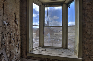 Old Methodist Church through Windows of an Old House, Bodie