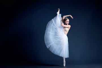 Fototapeta premium Young ballerina in a beautiful dress is dancing in a dark photostudio