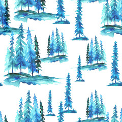 Watercolor pattern - landscape, forest, spruce, pine. On a blue background. Vintage style, drawing is made in the manual chart for various design