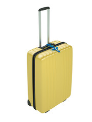 Yellow plastic suitcase with baggage tag isolated on white