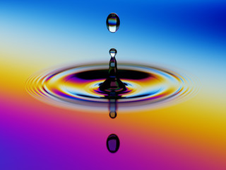 Splashing of water with colorful oil film over 3d illustration