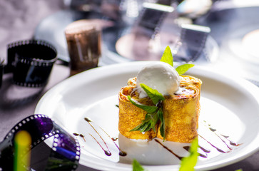 sweet pancakes with fruit and ice cream