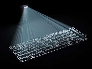 Conceptual keyboard projected onto surface isolated on black
