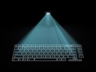 Conceptual keyboard projected onto surface isolated on black